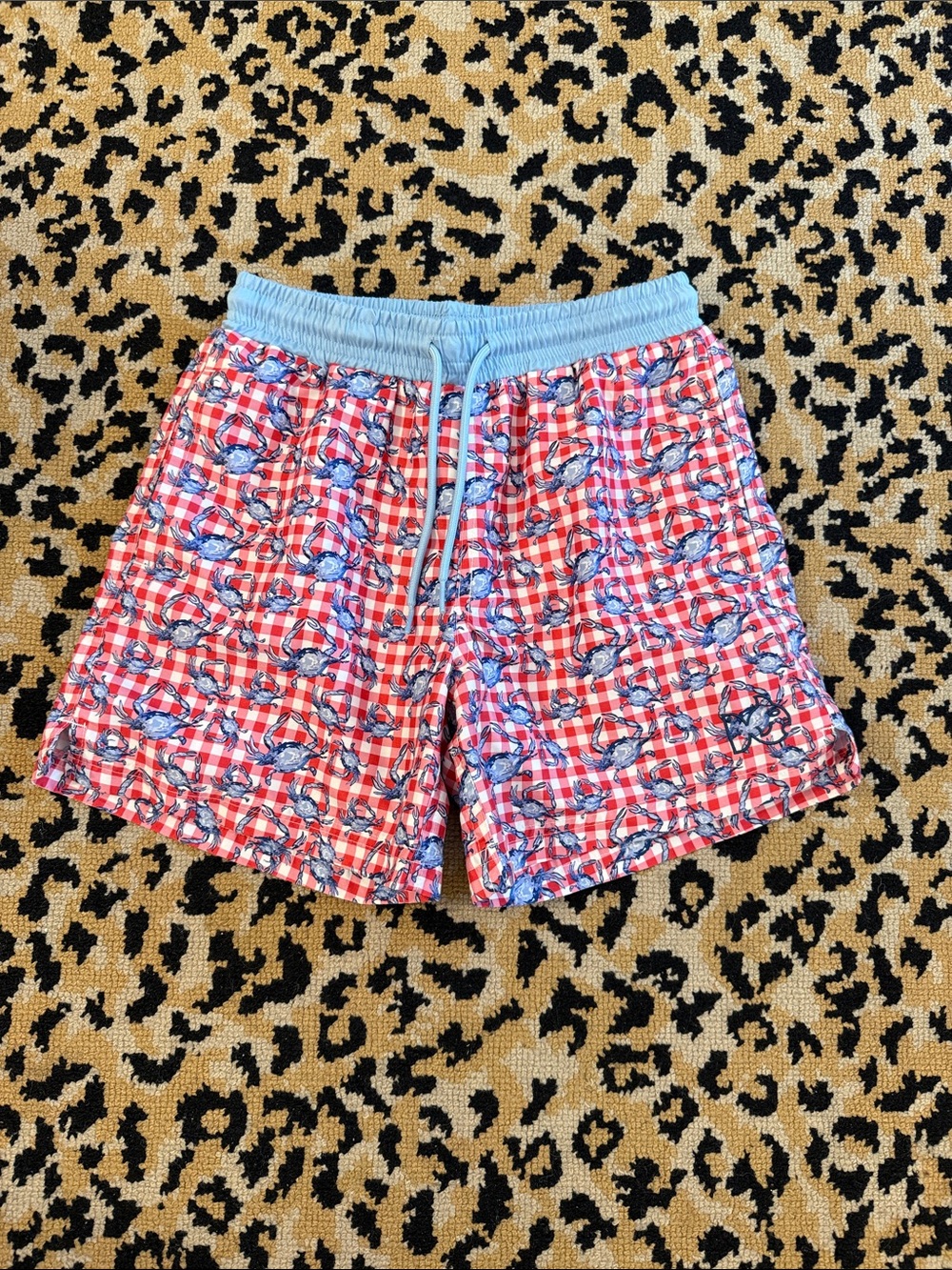 Boys Plaid Red Crab Swim Trunks with Light Blue Waistband